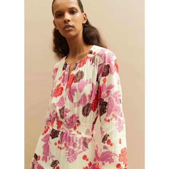 ME+EM Cheesecloth Bali Print Floral Red Pink Cut Out Maxi Long Dress Cotton 4 - Picture 4 of 14